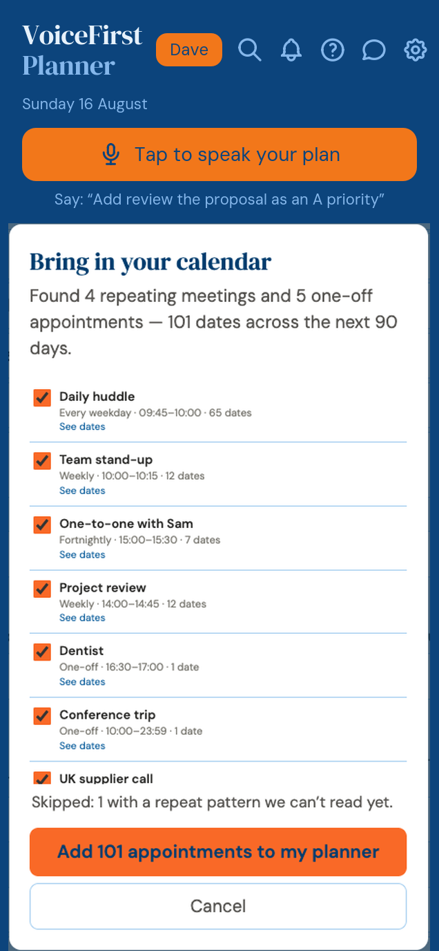 The review screen: four repeating meetings and five one-off appointments found, 101 dates, each with a tick box