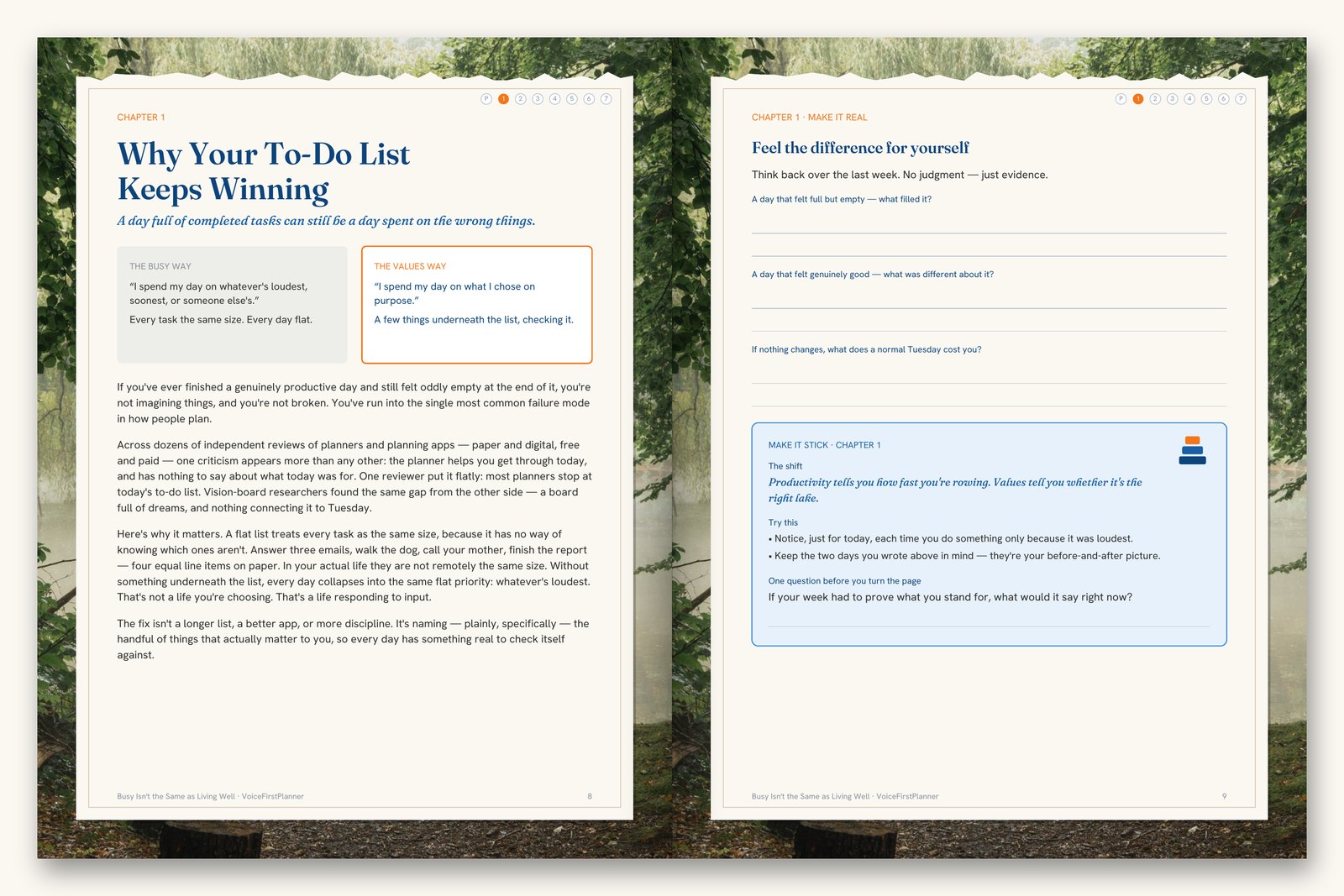 The Values workbook from The Voice-First Life series, open at pages 8 and 9