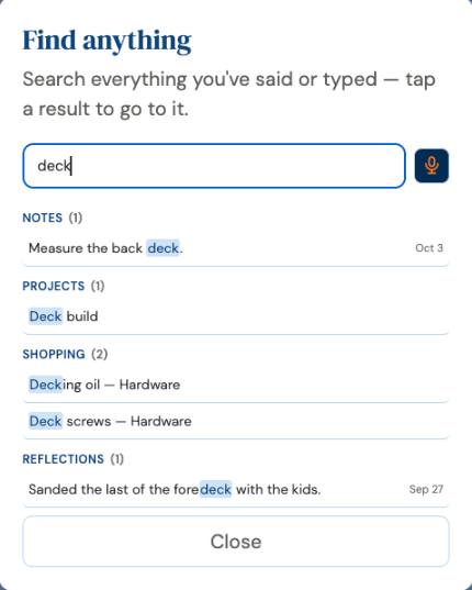 The Find anything panel with “deck” typed in: one note, one project, two shopping items and one reflection, each group counted.