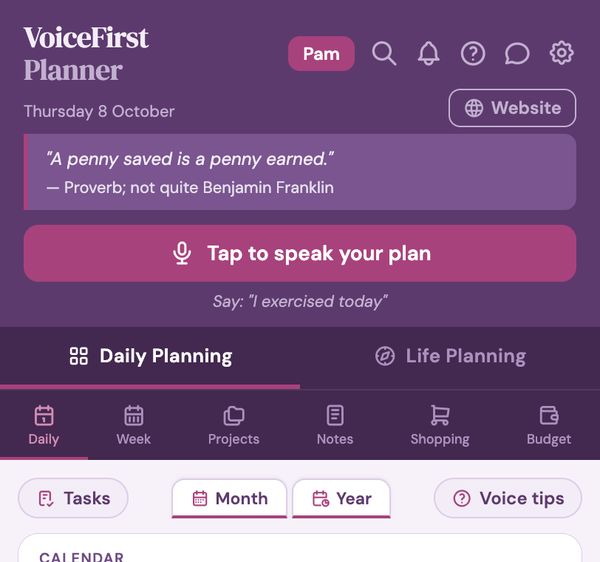 The top of the planner on a phone, with the Website button under the icons