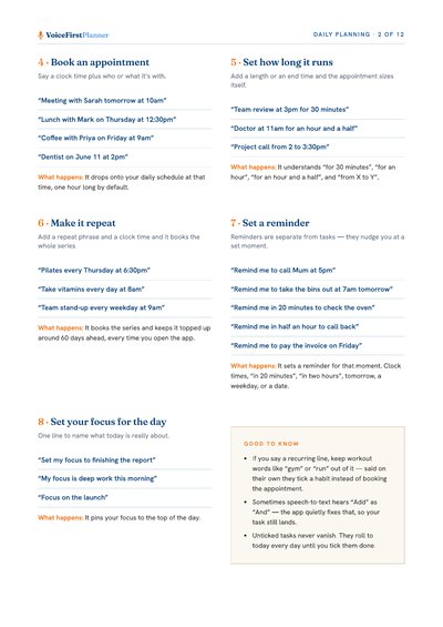 From Chapter A of the Voice Command Guide: appointments, repeats, reminders and the day’s focus.