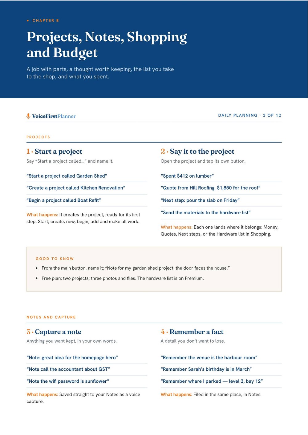 Daily Planning, 3 of 12, from the Voice Command Guide: projects, notes and capture.