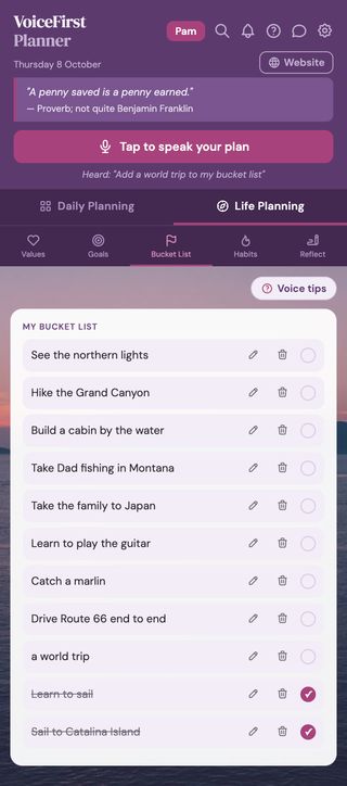The Bucket List with two items crossed off