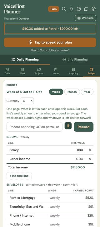 The Budget page after $40 was added to Petrol