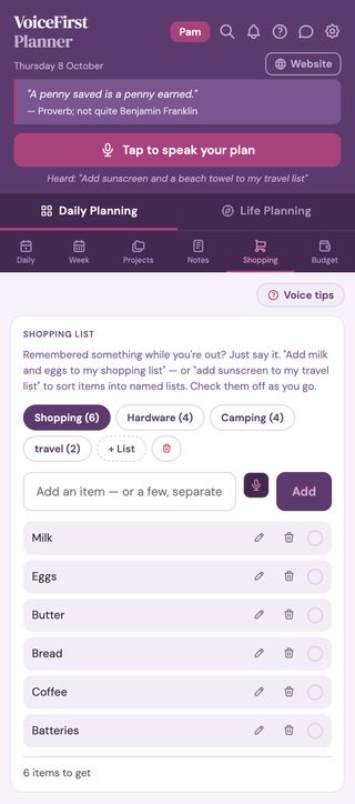 The Shopping list with six items to get
