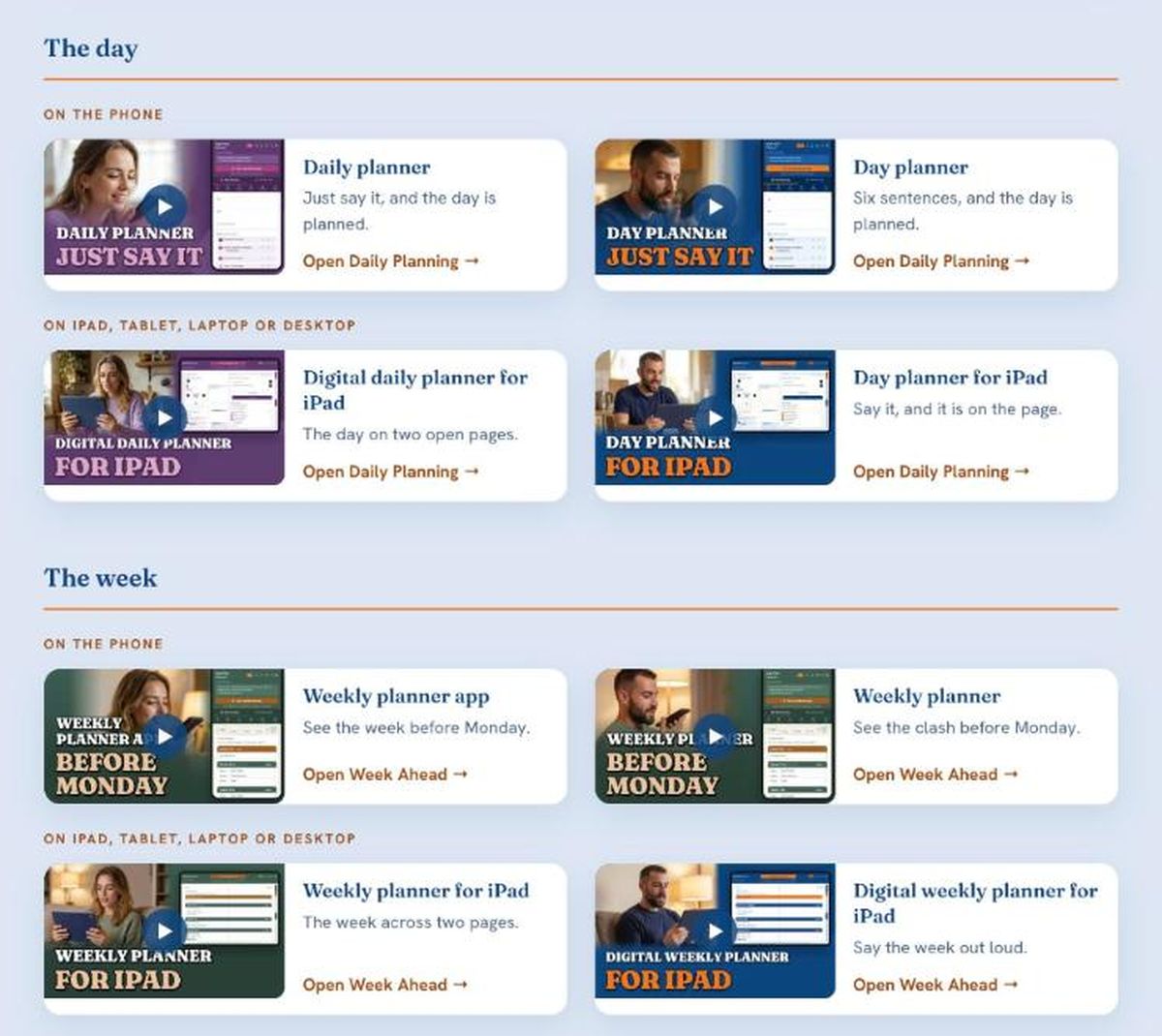 The Features page with film cards grouped under The day and The week