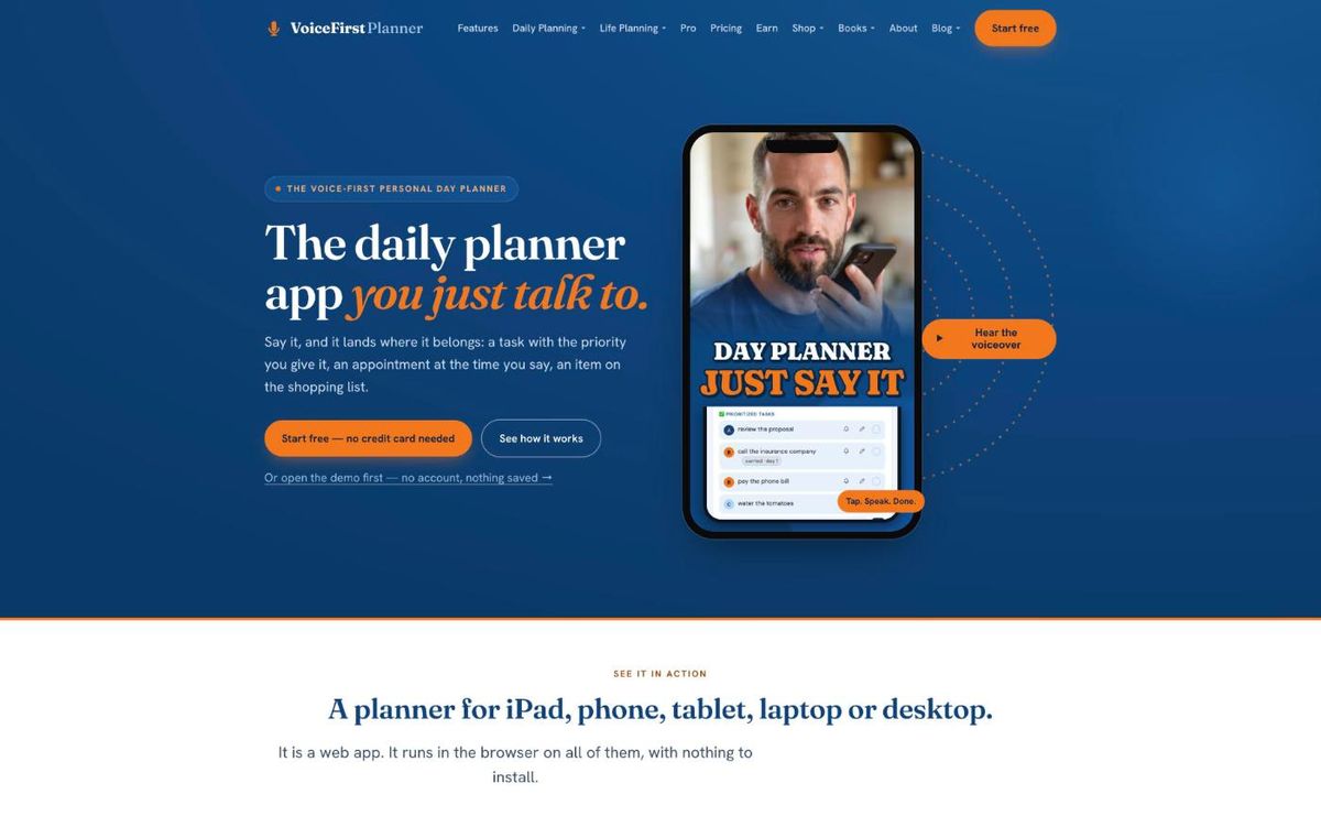 The VoiceFirstPlanner home page on a laptop, using the full width of the screen