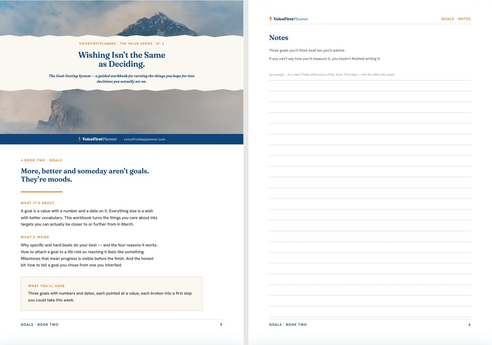 Pages 5 and 6: Book Two, Goals, and the page beside it to write on.
