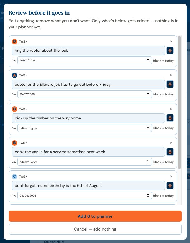 The AI review sheet before anything is saved