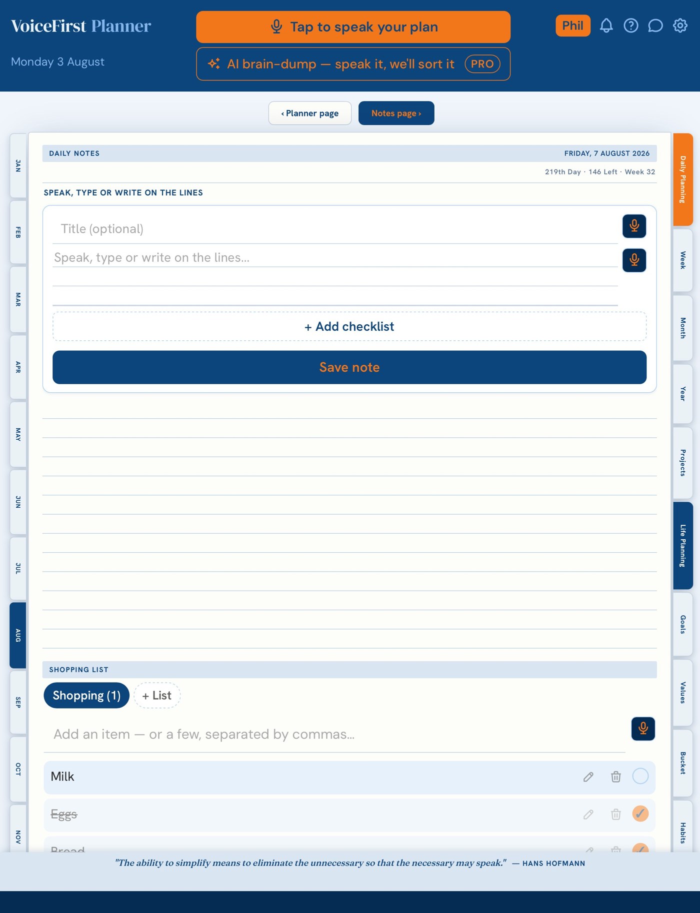 Planner view in portrait — the right page