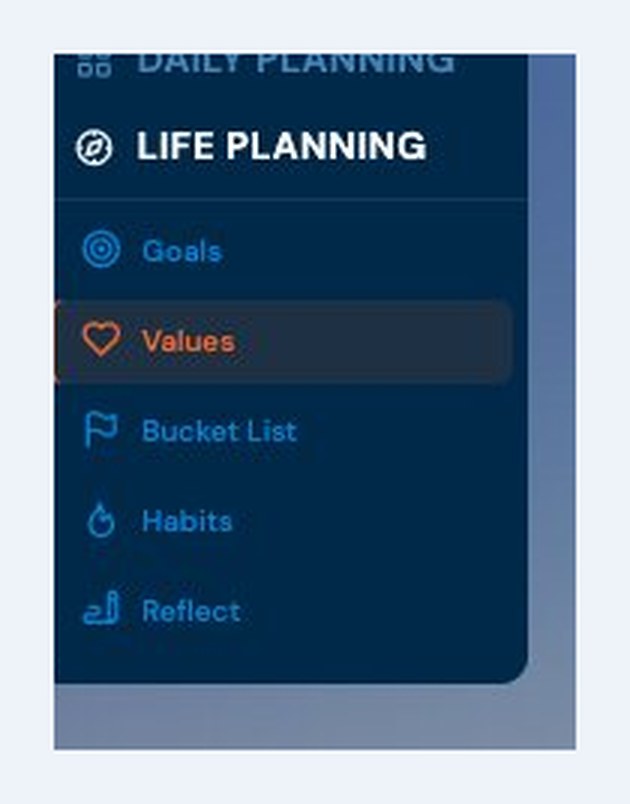 The Life Planning tab, with its five sections