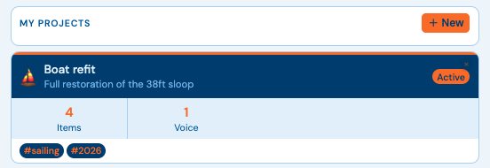 A project card with its counts and tags