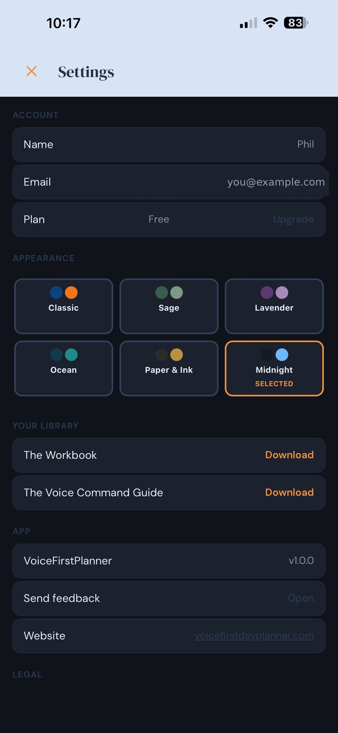 Settings in the Midnight theme