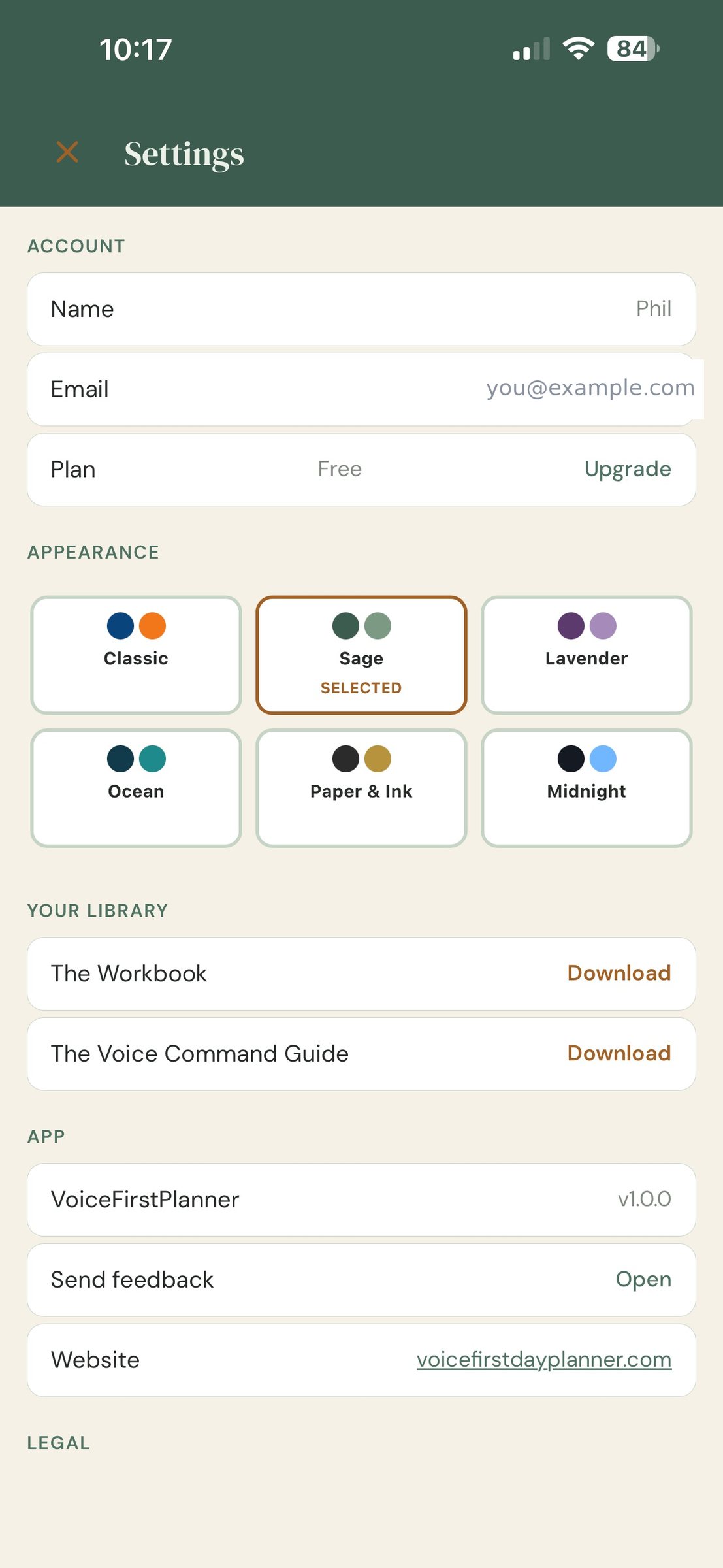 Settings in the Sage theme