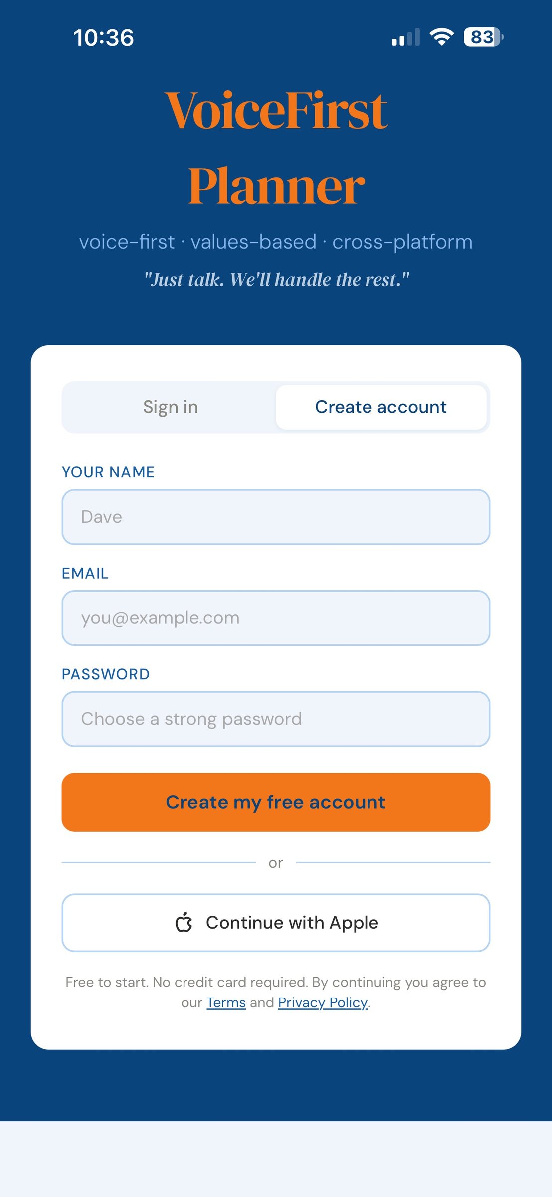 The VoiceFirstPlanner sign-in screen
